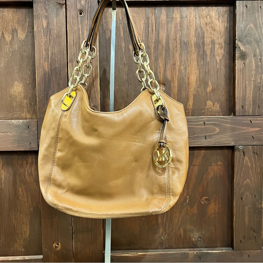 Michael Kors Camel Leather Hobo Bag with Gold Accents